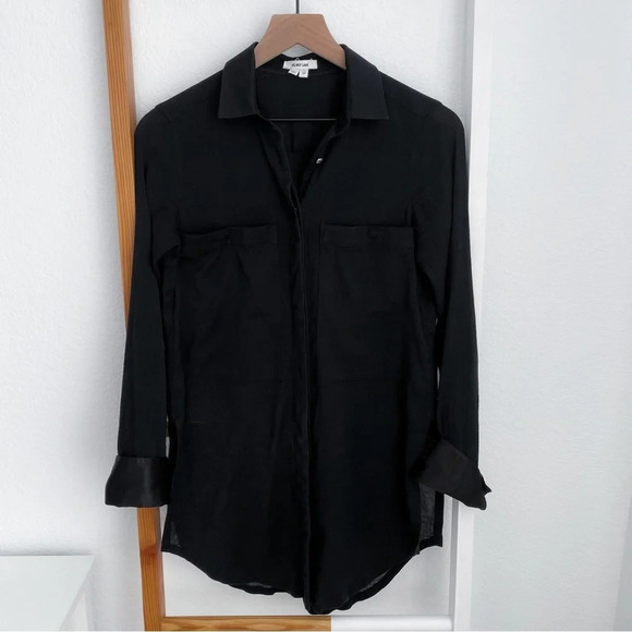 Helmut Lang Semi Sheer Button Up Cotton Shirt Blouse Black Side Slits Pockets - Picture 1 of 13